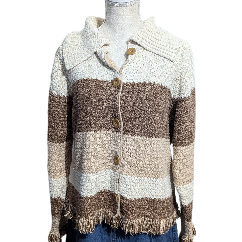 Vintage Early 2000s Villager Granola Oatmeal Knit Striped Brown Beige Sweater